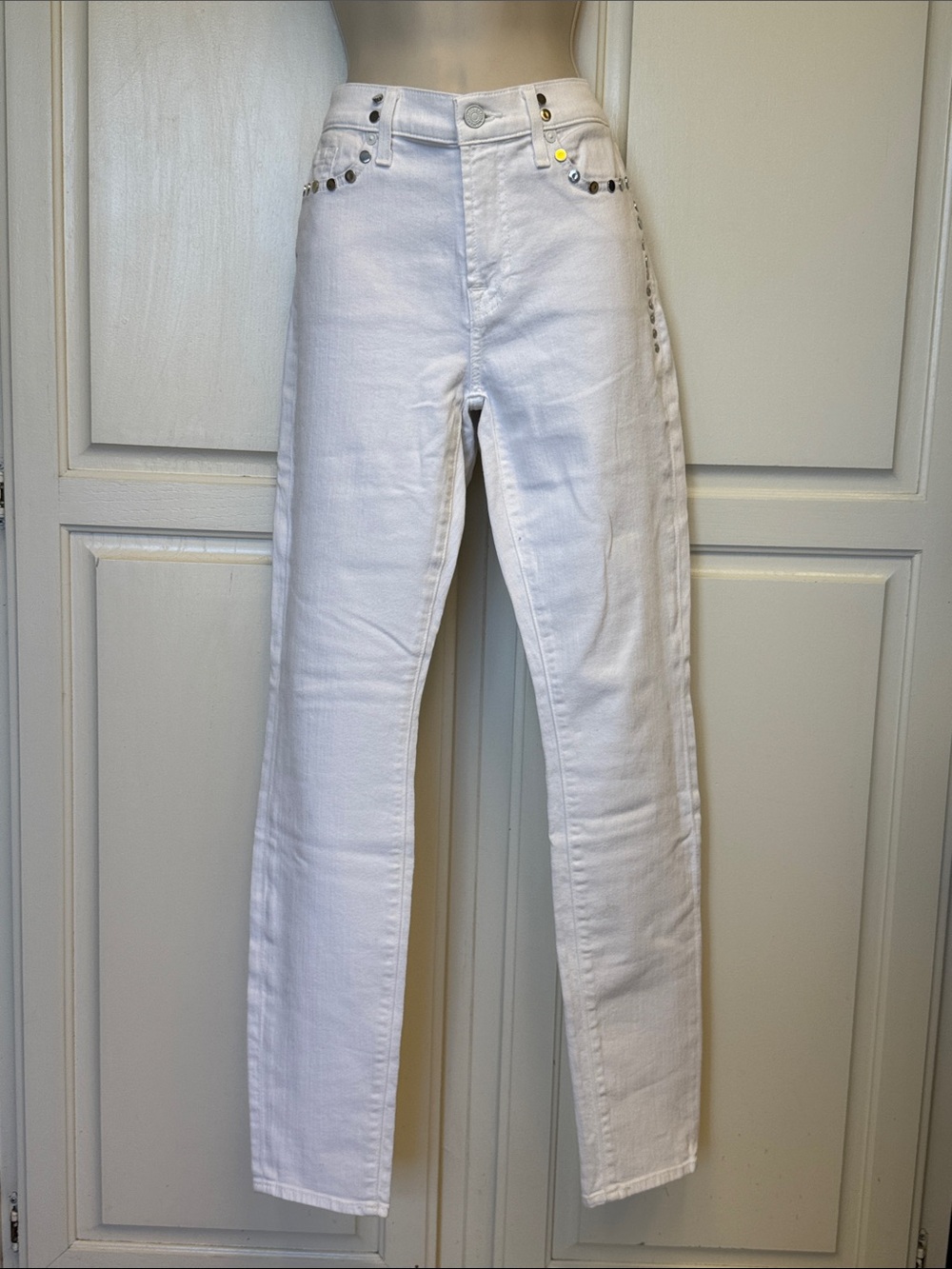 7 For All Mankind White Straight Leg Jeans with Stud Accents